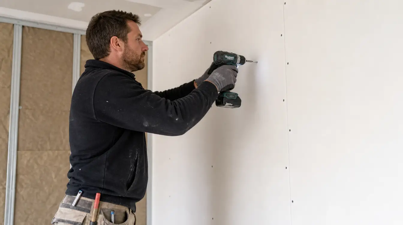 Installation de plaques de plâtre phonique par un artisan plaquiste