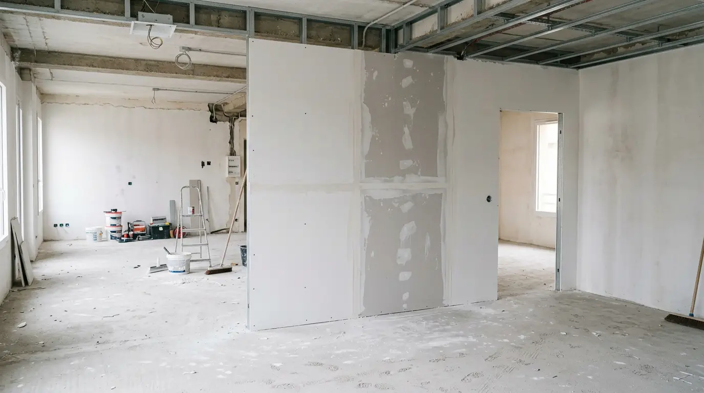 Cloison en placo en cours de finition dans un appartement