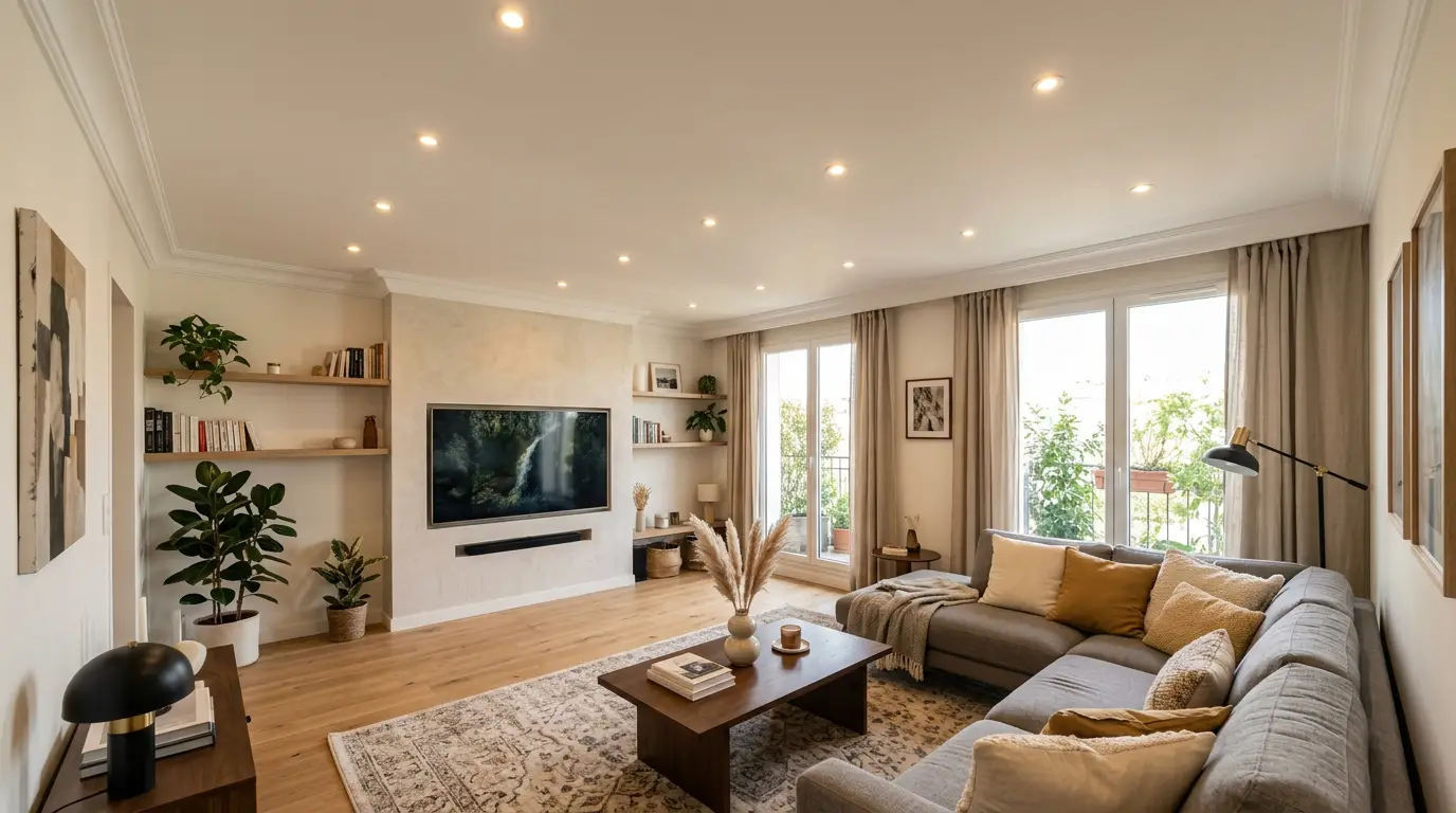 Faux plafond avec spots encastrés réalisé par un plaquiste
