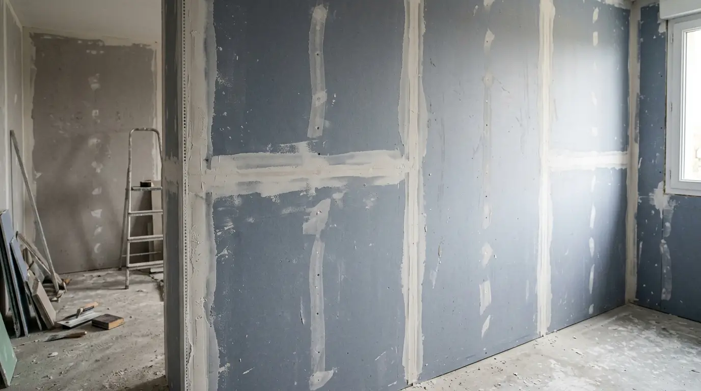 Murs en placo avec bandes et joints propres avant mise en peinture